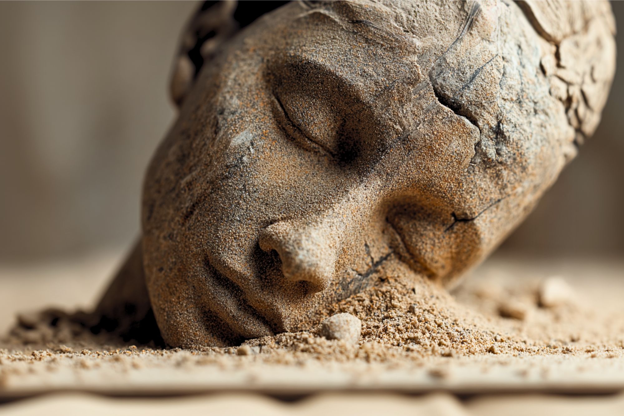 A weathered stone sculpture of a peaceful, closed-eye face lies partially buried in sand, with cracks and sand covering its surface, suggesting age and decay.