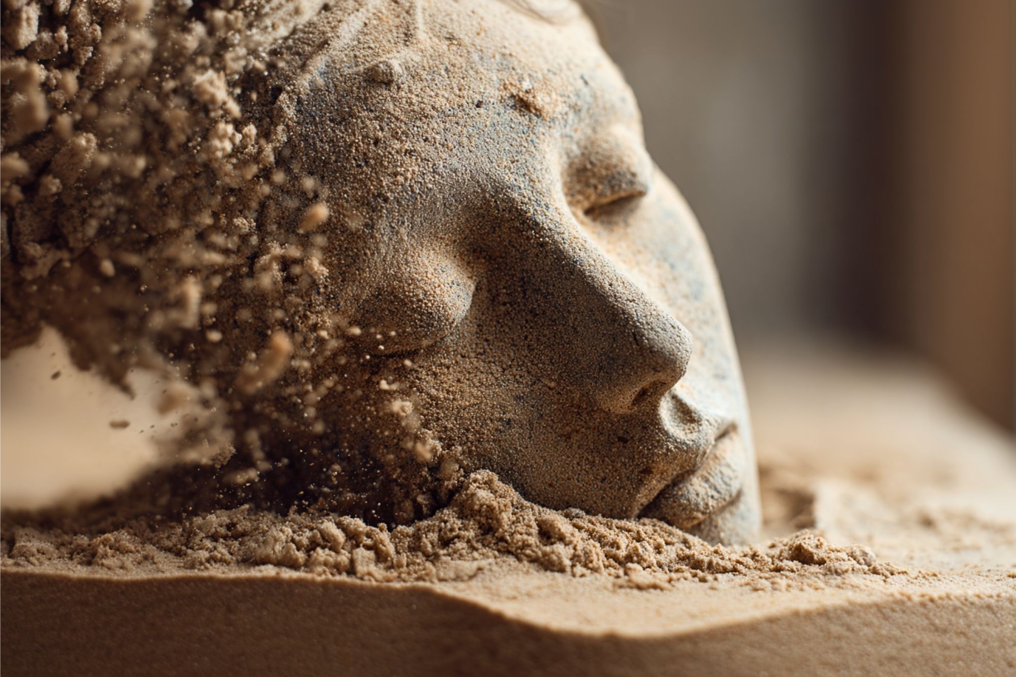 A detailed sand sculpture of a serene face is partially buried, with sand dispersing from one side, creating a sense of erosion or disintegration.