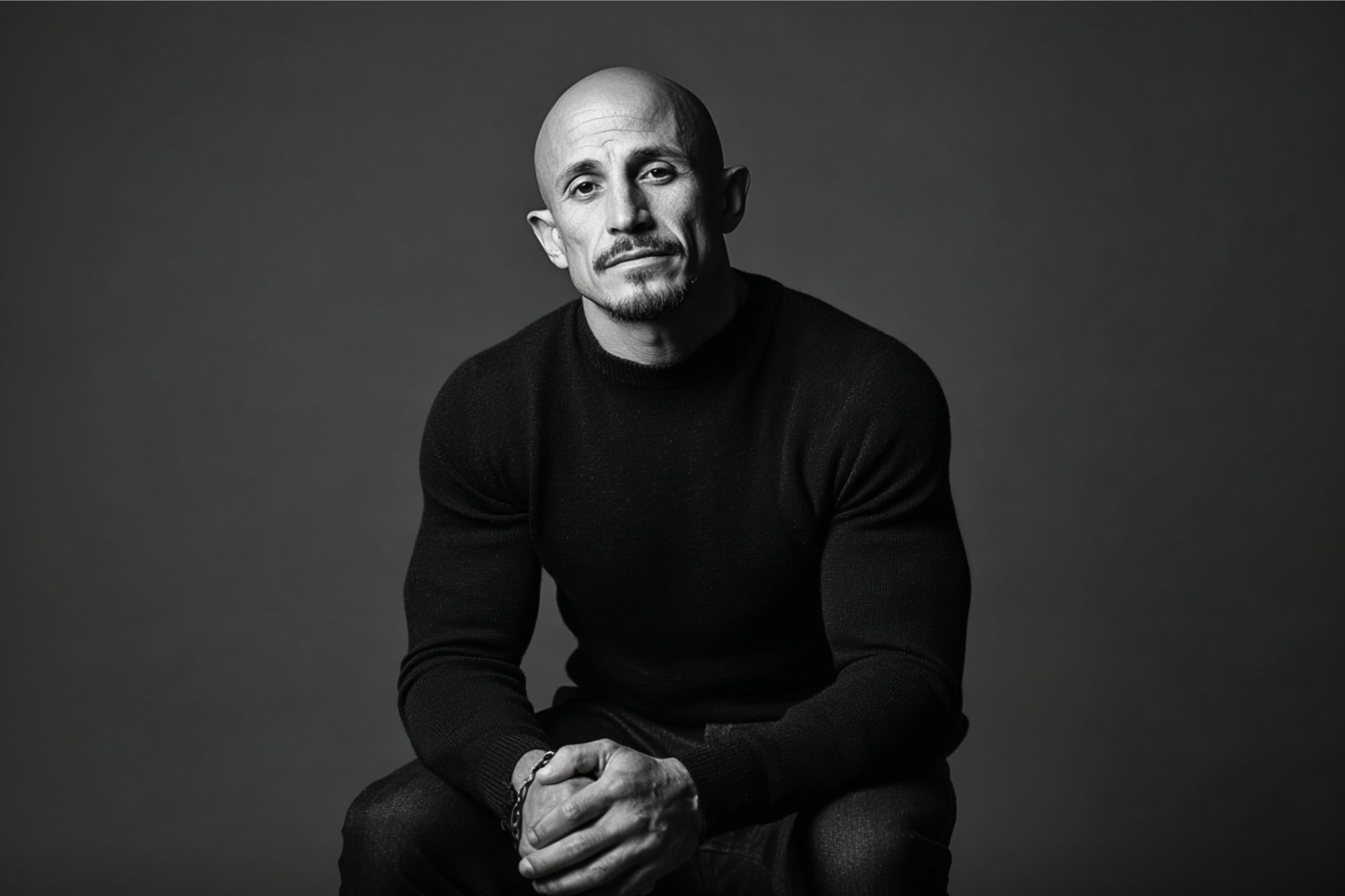 A bald man with a trimmed beard and mustache, wearing a dark long-sleeve shirt, sits with hands clasped, looking thoughtfully at the camera; the image is in black and white with a plain background.