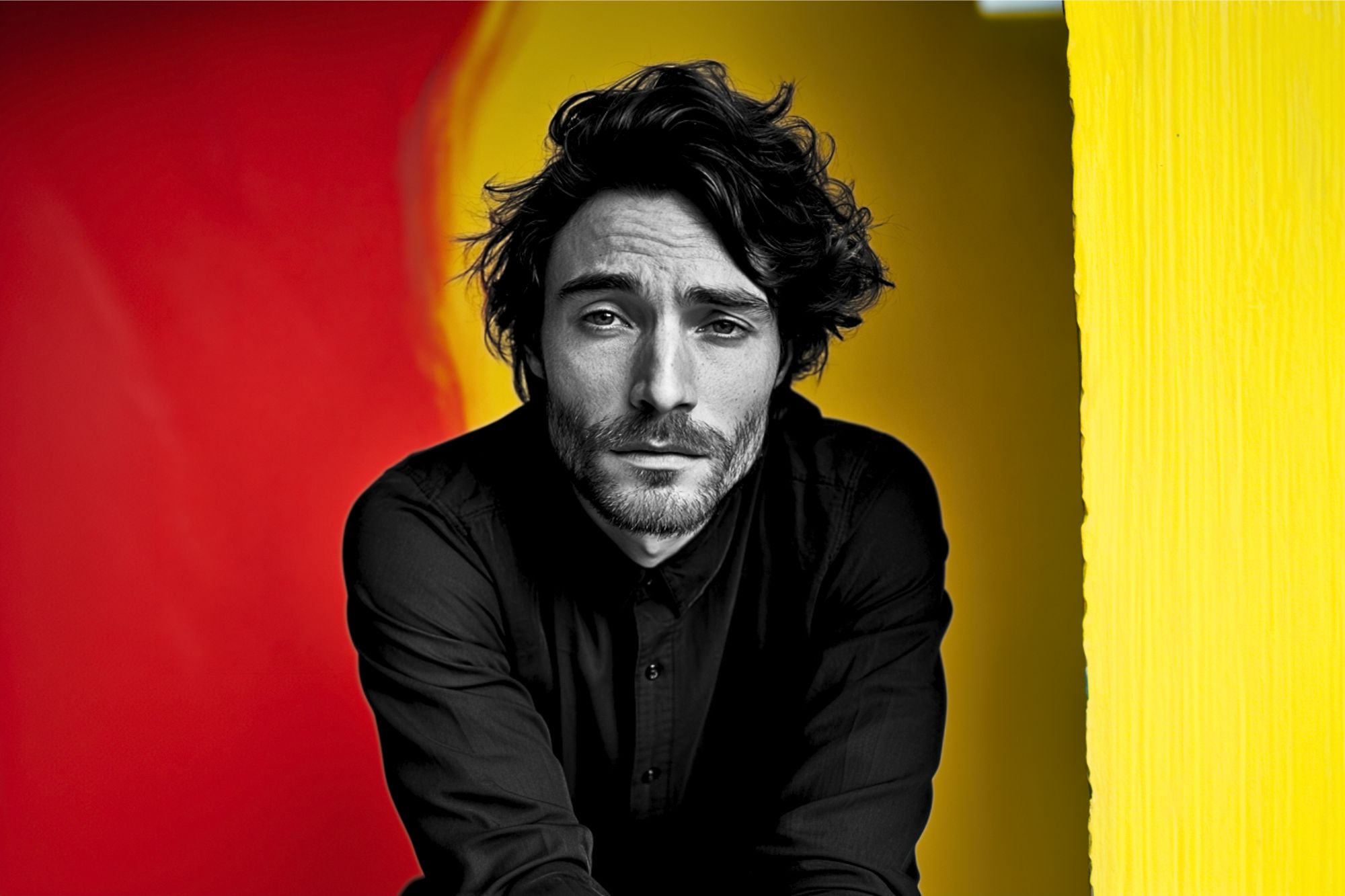 A man with wavy dark hair and a trimmed beard wears a black button-up shirt. He poses against a vibrant background divided between red and yellow, with an expressive and thoughtful look on his face.