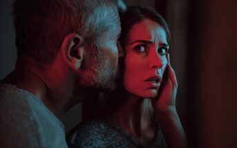 A man whispers into the ear of a distressed woman, casting red light on her worried face. The woman looks anxious, while the man’s face is close and partly hidden in shadow.