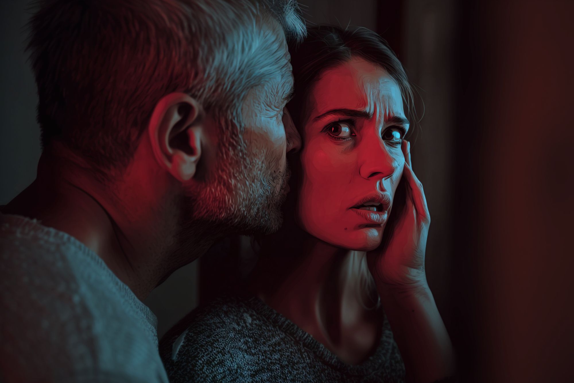 A man whispers into the ear of a distressed woman, casting red light on her worried face. The woman looks anxious, while the man’s face is close and partly hidden in shadow.