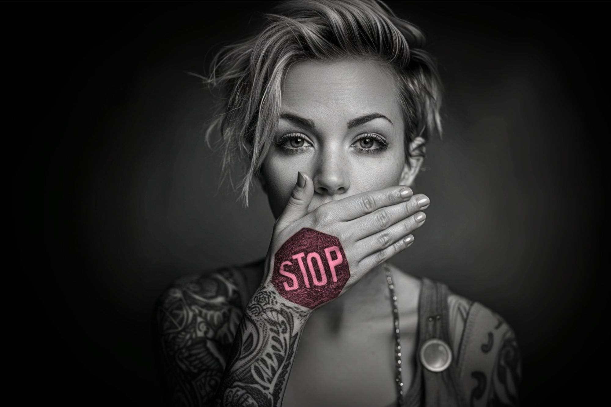 A woman with short hair and tattoos covers her mouth with her hand, which has the word "STOP" written on it in bold letters. The background is dark and the image is in black and white, except for the word "STOP.