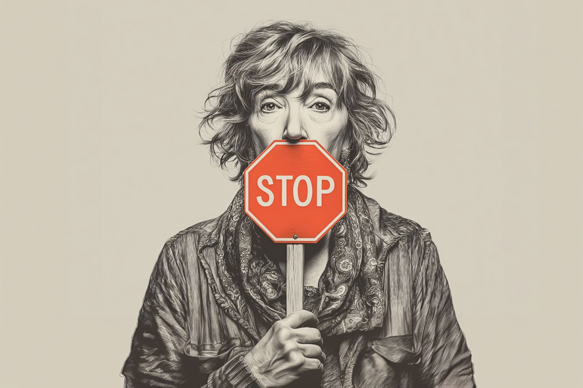 A grayscale portrait of a woman holding a red stop sign in front of her mouth, covering her lower face. She has tousled hair and wears a scarf and jacket, set against a plain background.