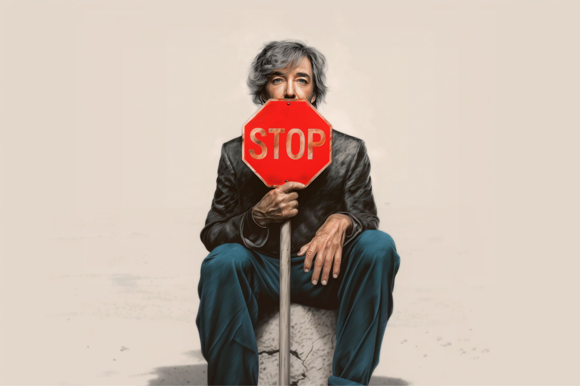 An older person with gray hair sits on a rock, holding a stop sign that covers their mouth. The background is plain and light-colored, drawing focus to the figure and the bright red sign.