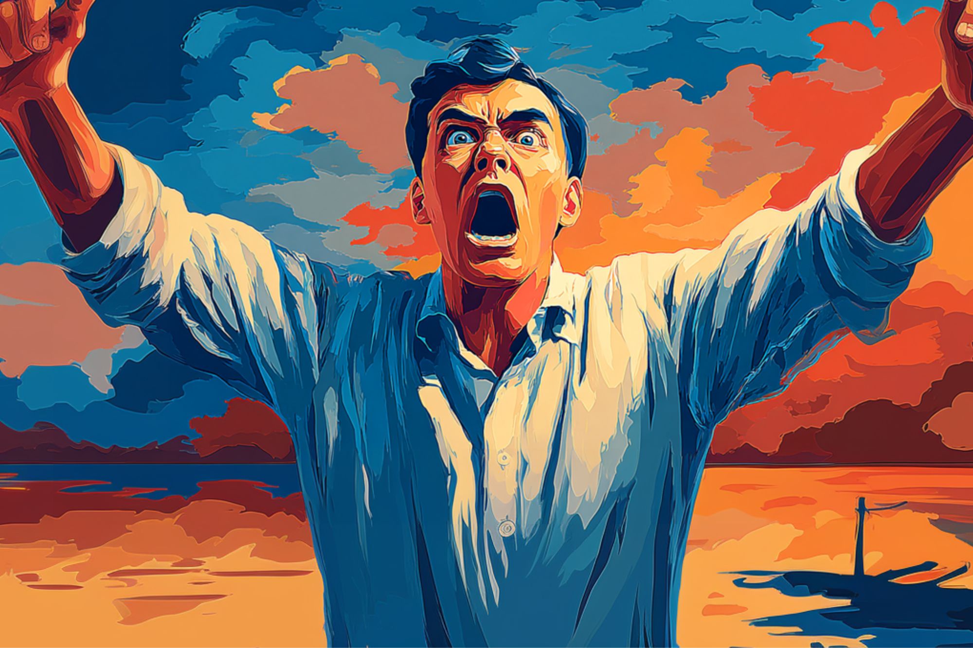A digital painting of a man in a white shirt, arms raised, shouting with a dramatic expression. Vivid sunset clouds in blue, orange, and pink tones fill the sky behind him.