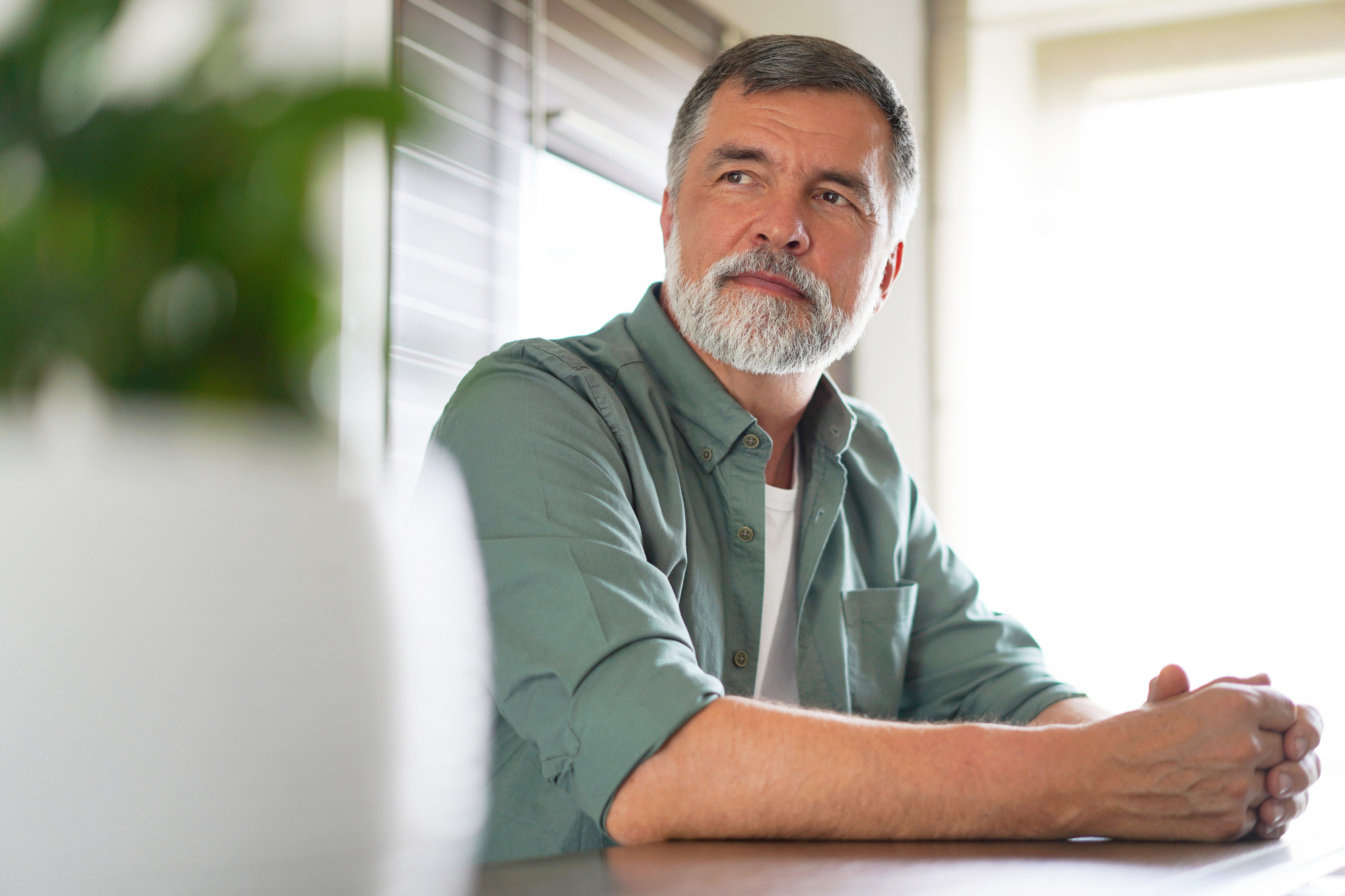 A man with gray hair and a beard, wearing a green shirt over a white t-shirt, sits at a table looking contemplative. The background is softly lit with a window, and a blurry green potted plant is in the foreground.