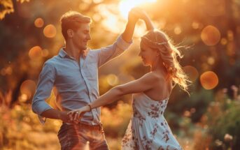 couple dancing together in casual clothes while surrounded by nature in the late evening sun