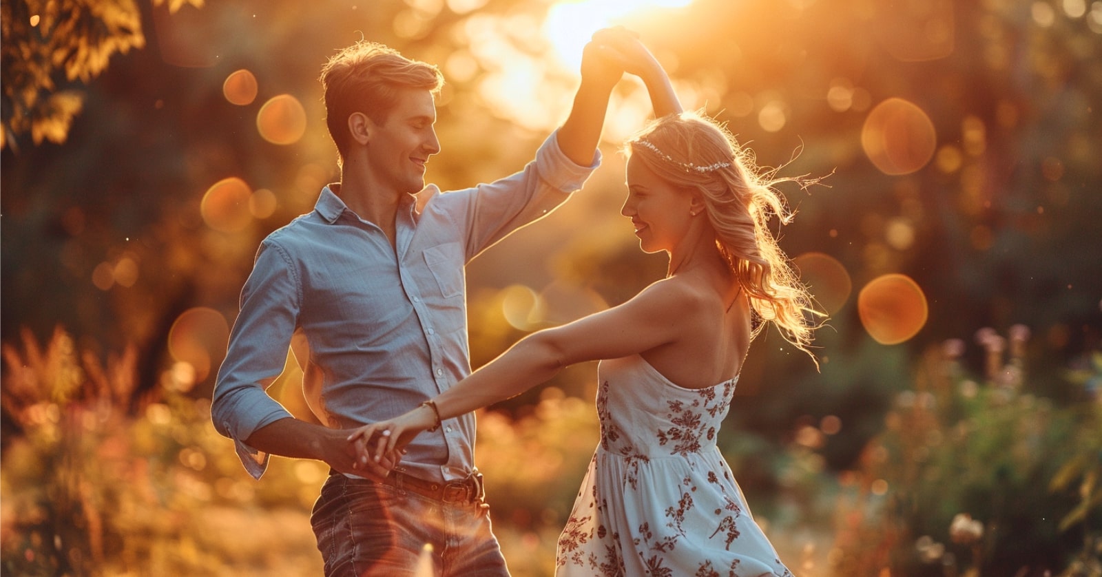 couple dancing together in casual clothes while surrounded by nature in the late evening sun