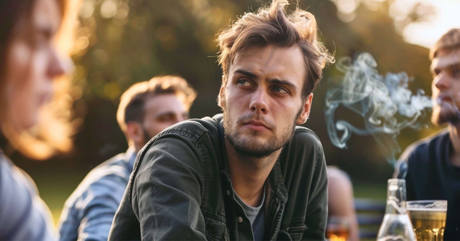 a young man with a concerned look on his face as he sits among friends who are drinking alcohol and smoking in the park