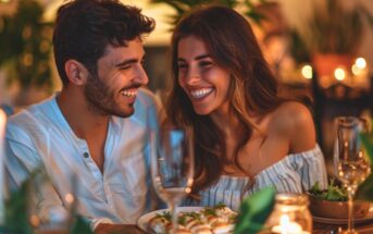 a couple enjoying a candlelit dinner as they smile