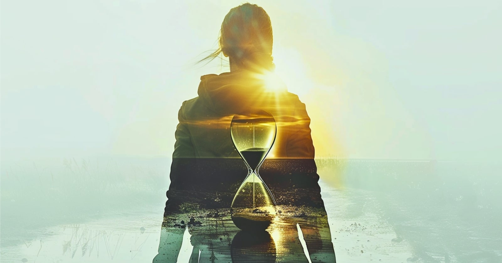 double exposure image of a woman walking away from camera with an hourglass timer superimposed on her back