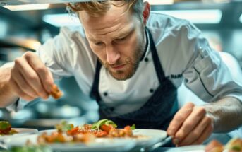 male chef putting the finishing touches to some plates in a restaurant kitchen