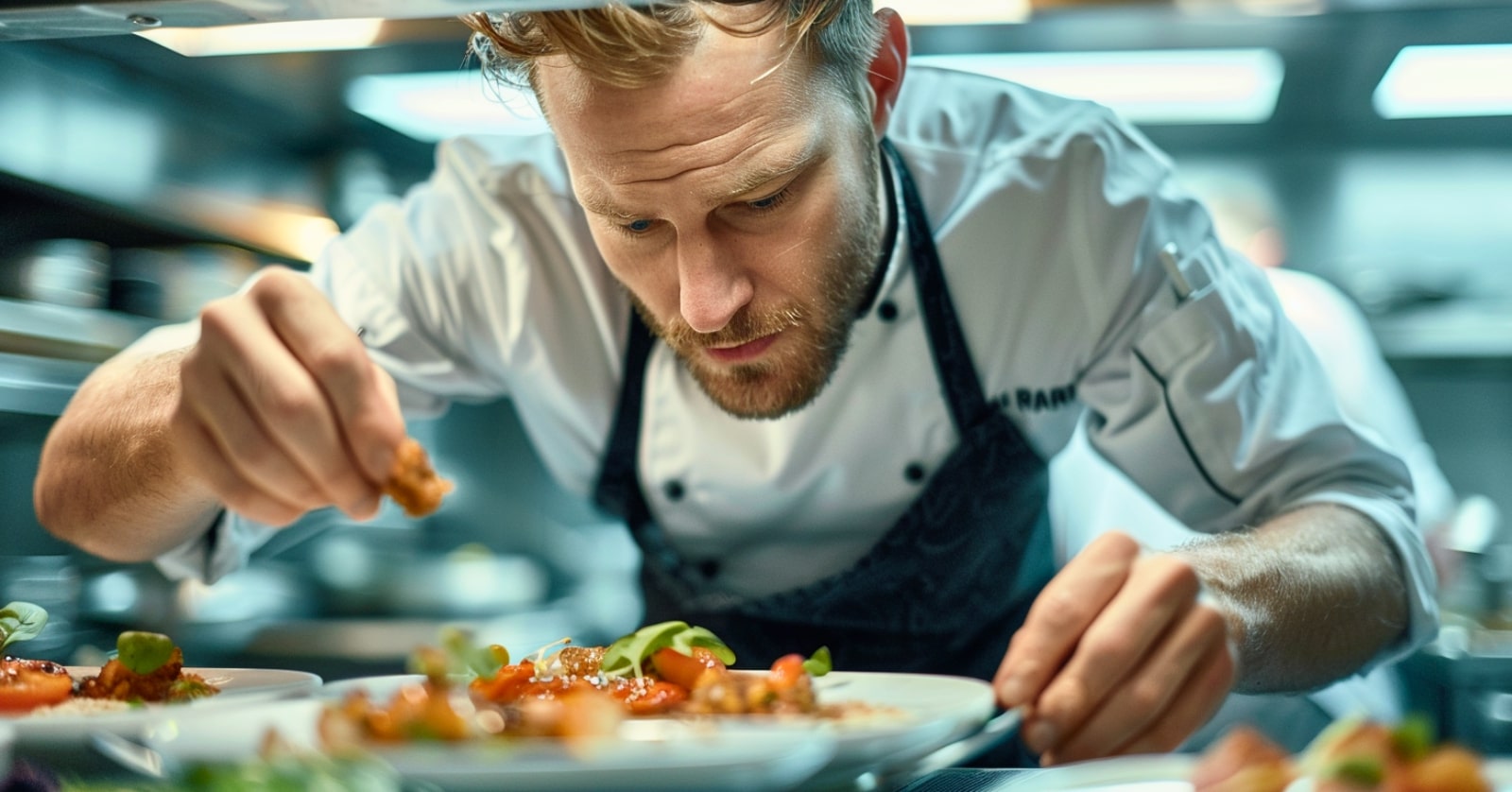 male chef putting the finishing touches to some plates in a restaurant kitchen