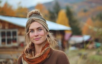 a young woman stands in front of a wooden cabin high in the hills during autumn