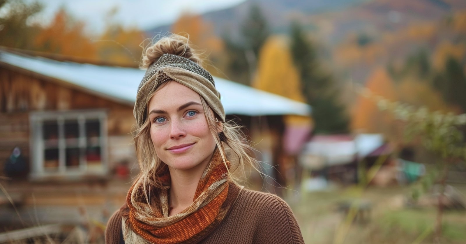 a young woman stands in front of a wooden cabin high in the hills during autumn