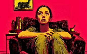 A woman sits on a chair with her knees pulled close, looking upward. The background is bright pink, with a bookshelf, a cup, and a framed animal picture on the wall behind her. The image has a graphic, illustrative style.