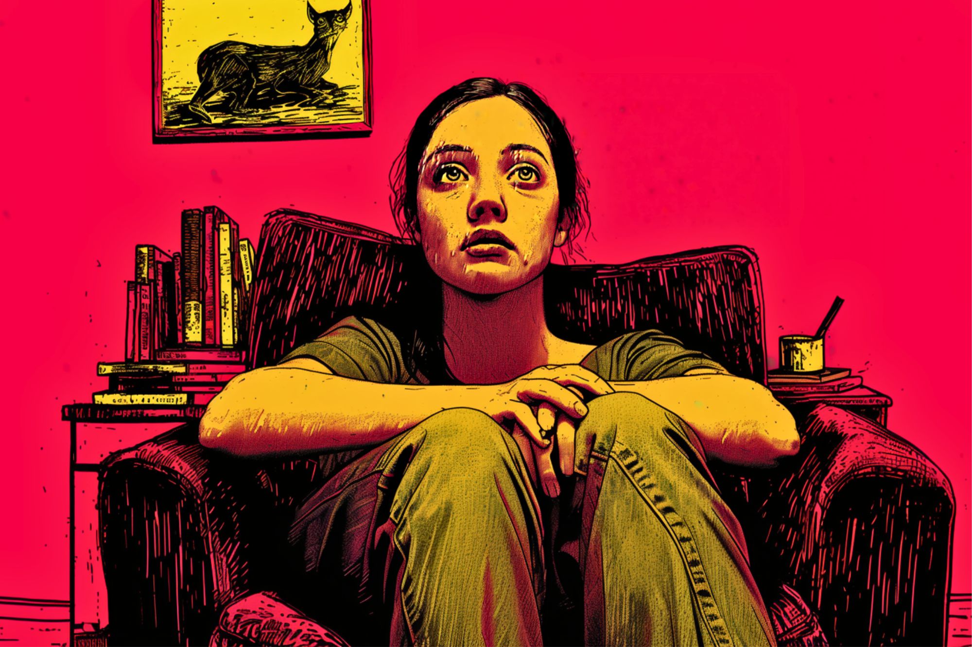 A woman sits on a chair with her knees pulled close, looking upward. The background is bright pink, with a bookshelf, a cup, and a framed animal picture on the wall behind her. The image has a graphic, illustrative style.