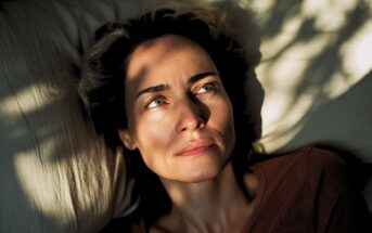 A woman with green eyes lies on a pillow, looking upwards, with dappled sunlight and shadows across her face.