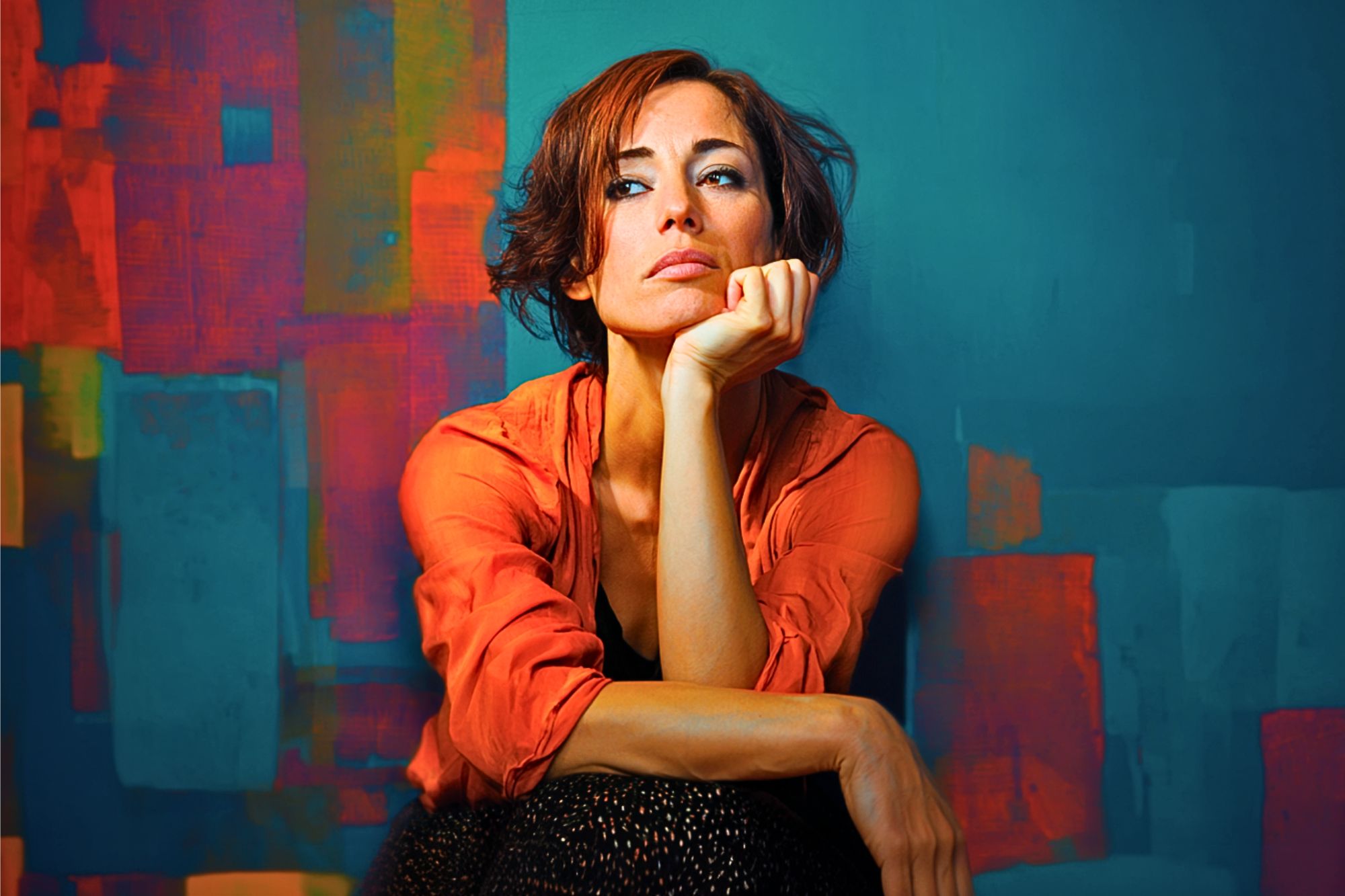 A woman with short brown hair in an orange shirt rests her chin on her hand, looking thoughtful, in front of a blue wall with colorful abstract shapes.