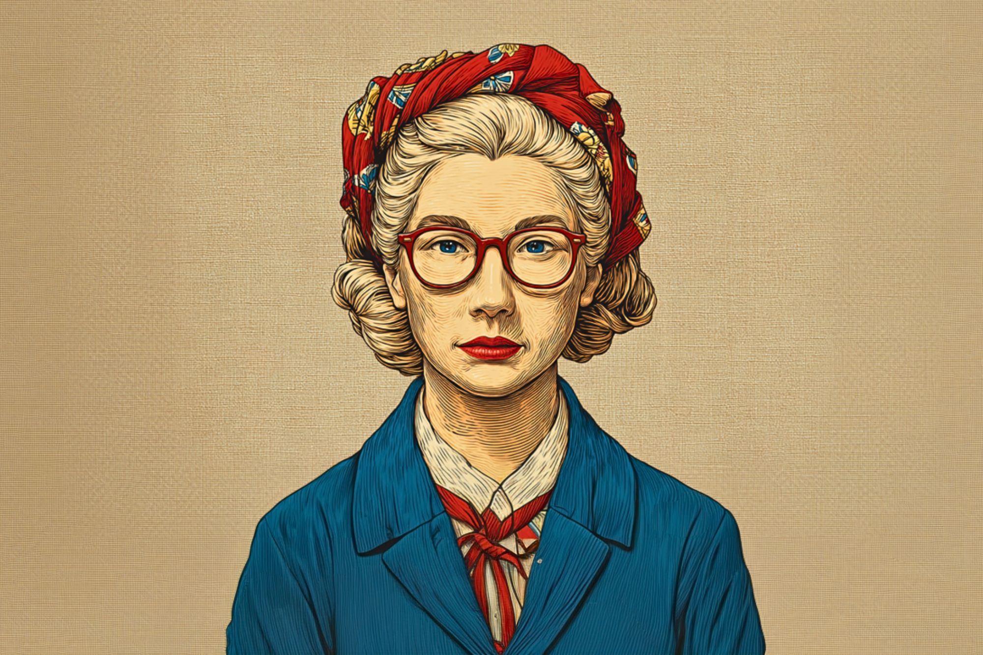 An illustration of a woman with gray hair wearing a red headscarf, red glasses, a blue coat, and a striped scarf, set against a beige textured background.