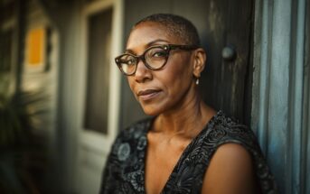 A woman with short hair and glasses, wearing a patterned top, looks confidently at the camera while leaning against a wall outside a building. The background is softly blurred.