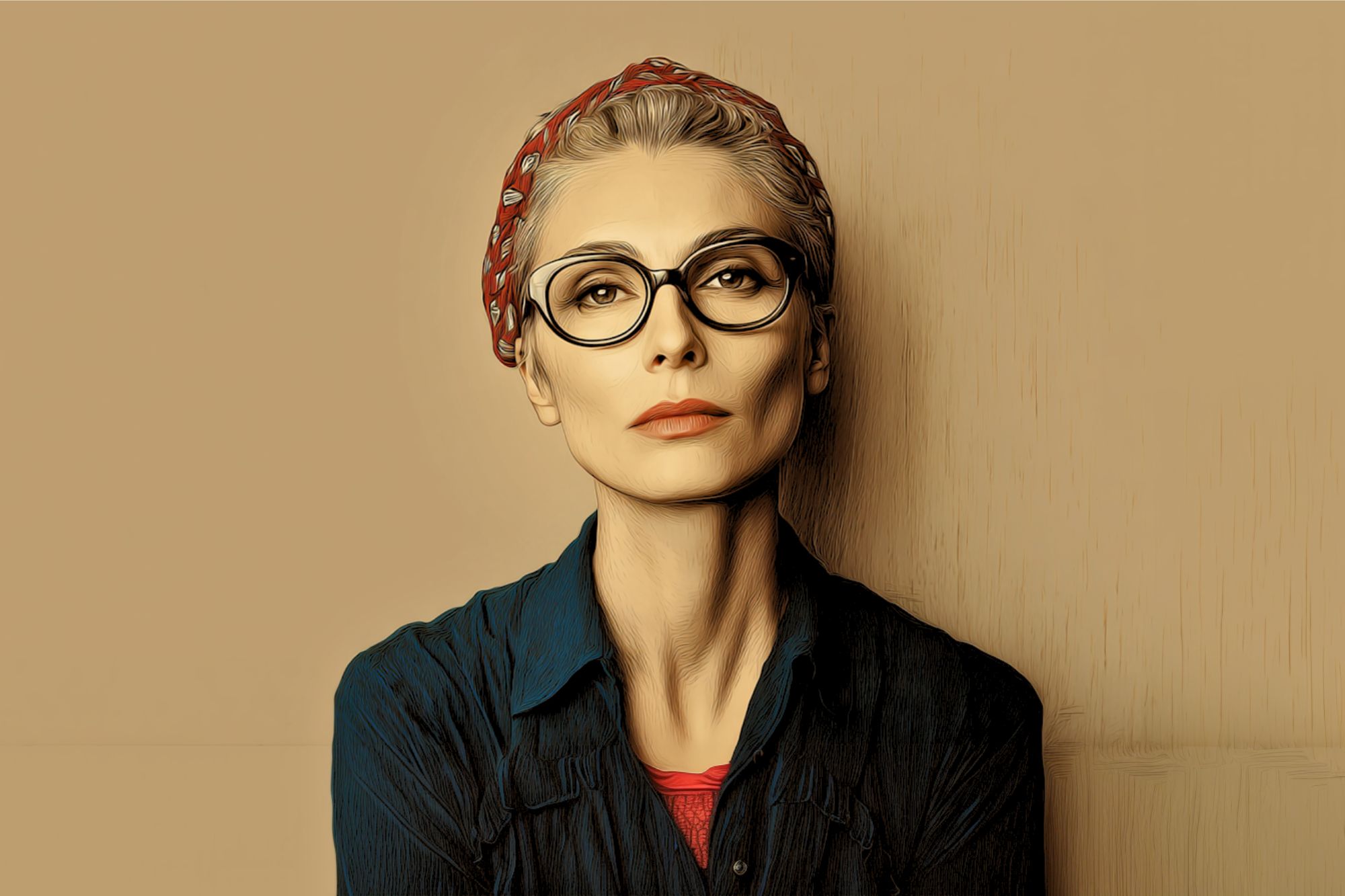 A woman with short blond hair, wearing large black glasses and a red headband, looks forward with a neutral expression. She is dressed in a dark blue shirt over a red top against a beige background.