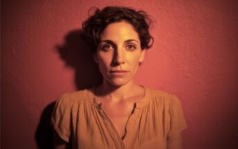 A woman with short curly hair and a serious expression stands against a textured, reddish wall, wearing a tan blouse under warm, dramatic lighting.