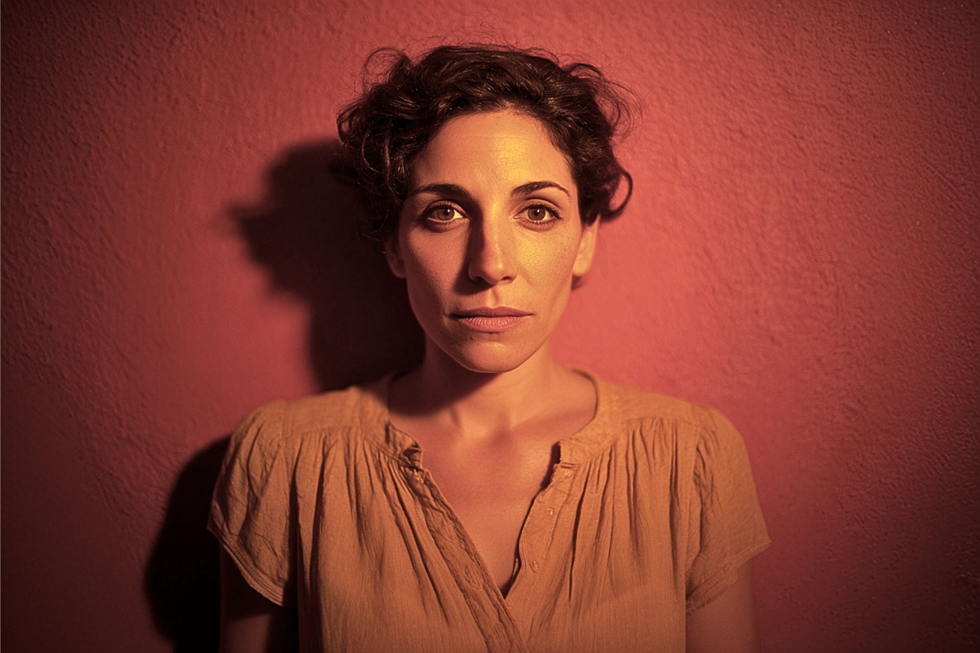 A woman with short curly hair and a serious expression stands against a textured, reddish wall, wearing a tan blouse under warm, dramatic lighting.