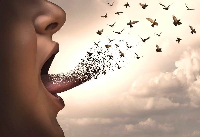 A surreal image shows a person's mouth open, with their tongue extending out and transforming into a flock of birds flying away. The sky in the background is filled with clouds, creating a dreamlike atmosphere.