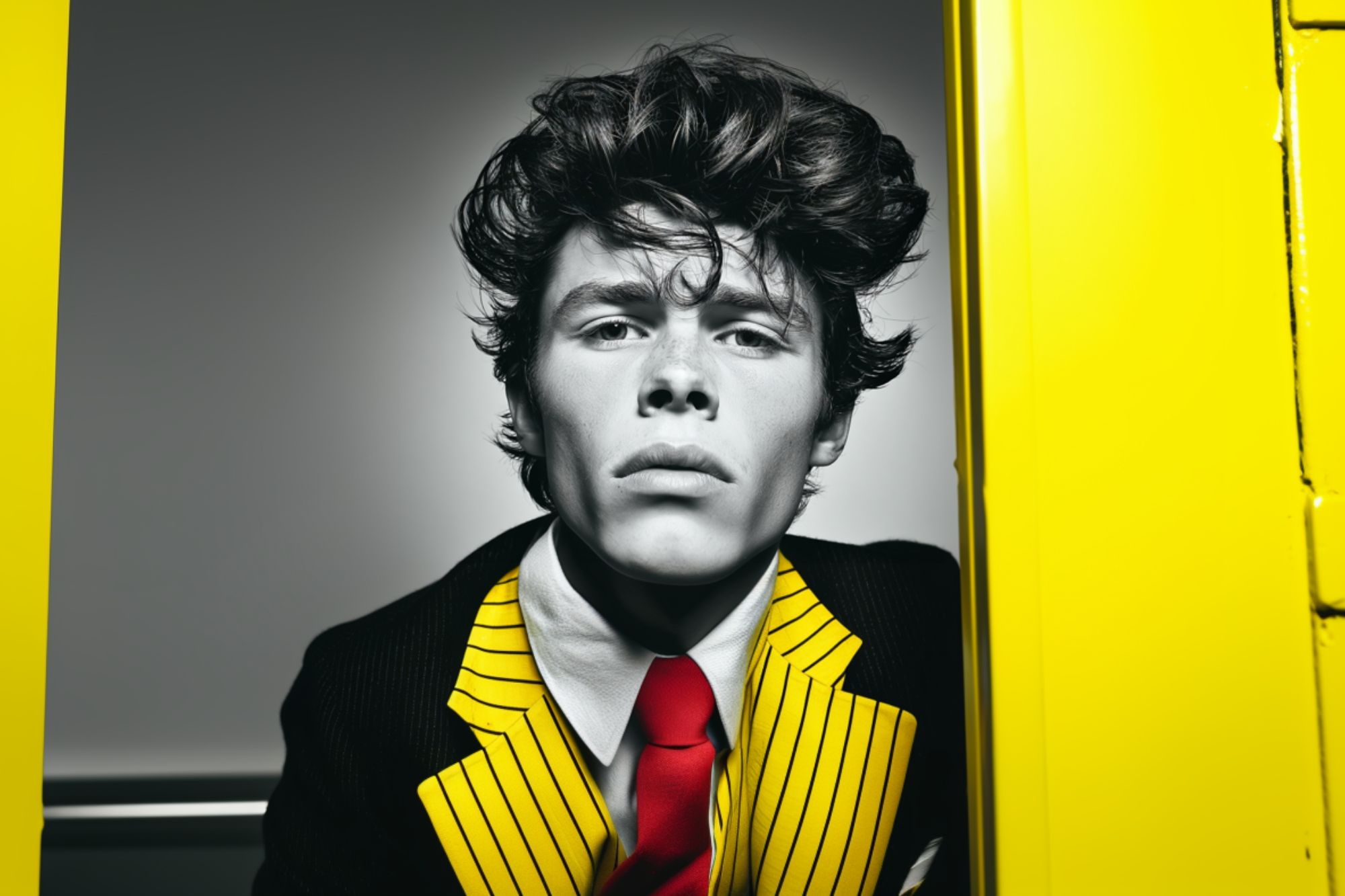 A young person with tousled hair wears a black jacket with bold yellow stripes, a white shirt, and a bright red tie, standing between two vibrant yellow panels. The image is in high contrast.