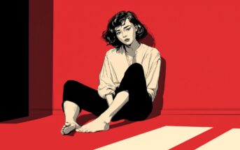 A person with short, wavy hair sits barefoot against a red wall, wearing a light shirt and black pants, looking thoughtful or sad as light casts shadows across the floor.
