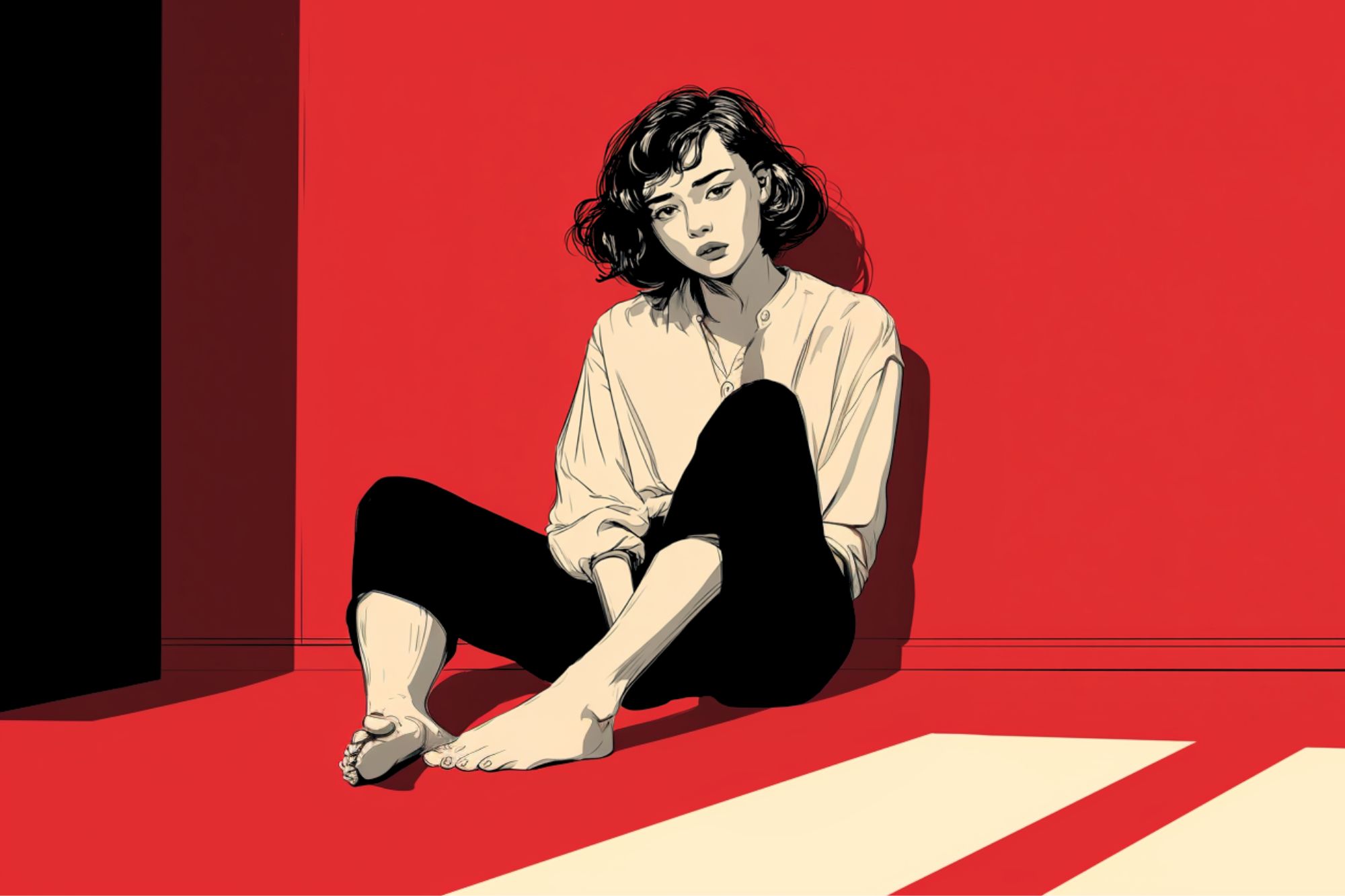 A person with short, wavy hair sits barefoot against a red wall, wearing a light shirt and black pants, looking thoughtful or sad as light casts shadows across the floor.