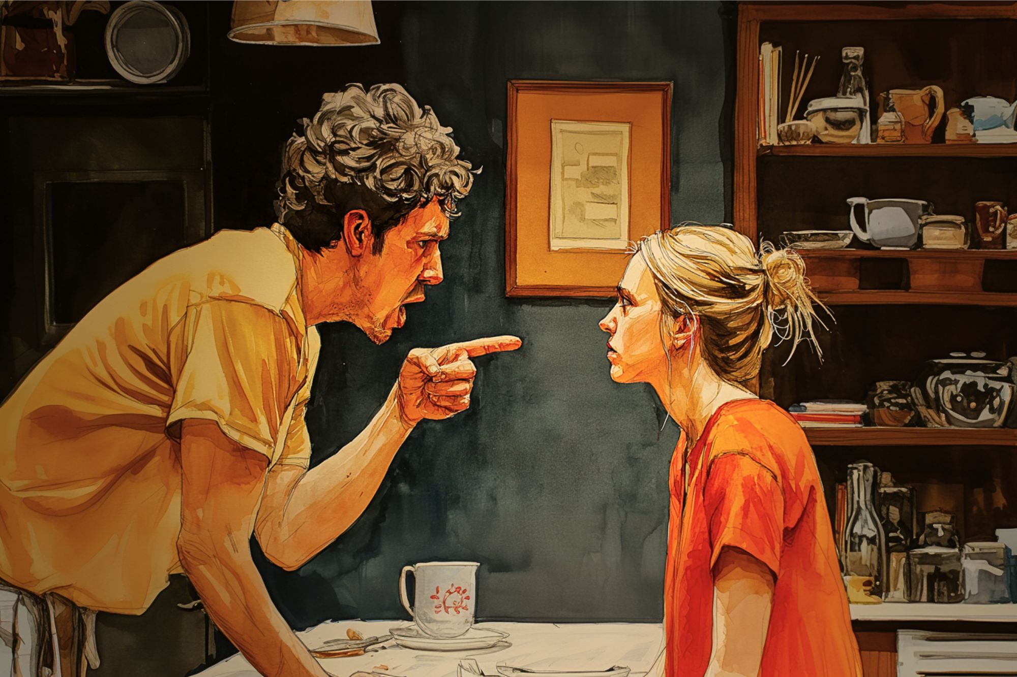 A man angrily points his finger at a woman across a kitchen table. The woman looks upset and sits facing him. Shelves with dishes and kitchen items are visible in the background.