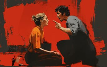 A man angrily points his finger and yells at a woman who is kneeling on the ground, looking distressed. The background is vividly painted in red and black, highlighting the intense, emotional confrontation.
