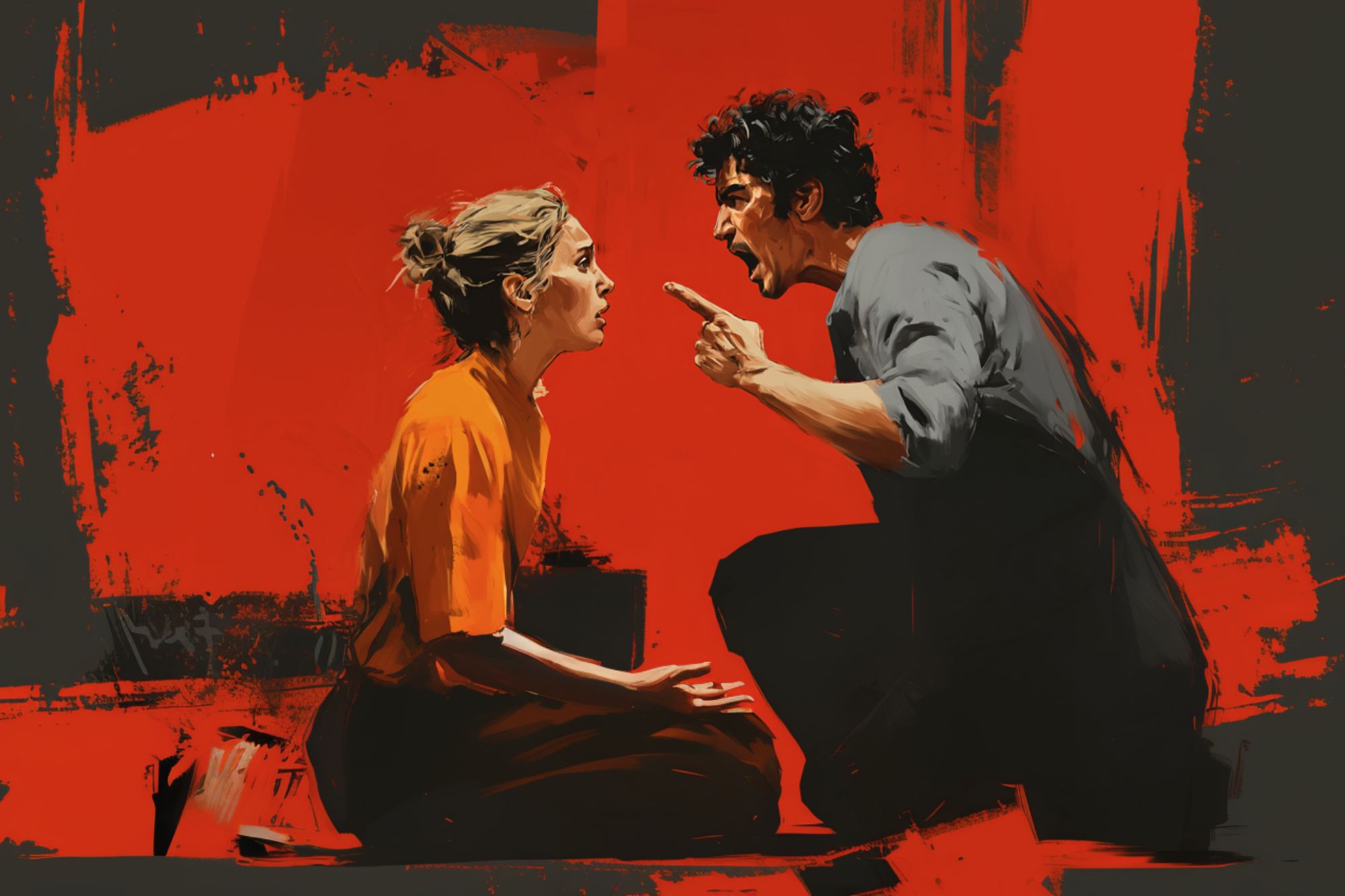 A man angrily points his finger and yells at a woman who is kneeling on the ground, looking distressed. The background is vividly painted in red and black, highlighting the intense, emotional confrontation.