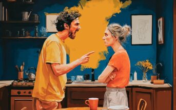 A man angrily yells and points at a woman with folded arms in a kitchen. The woman appears upset and distant. The background features dark blue walls with a yellow paint splash and kitchen items.