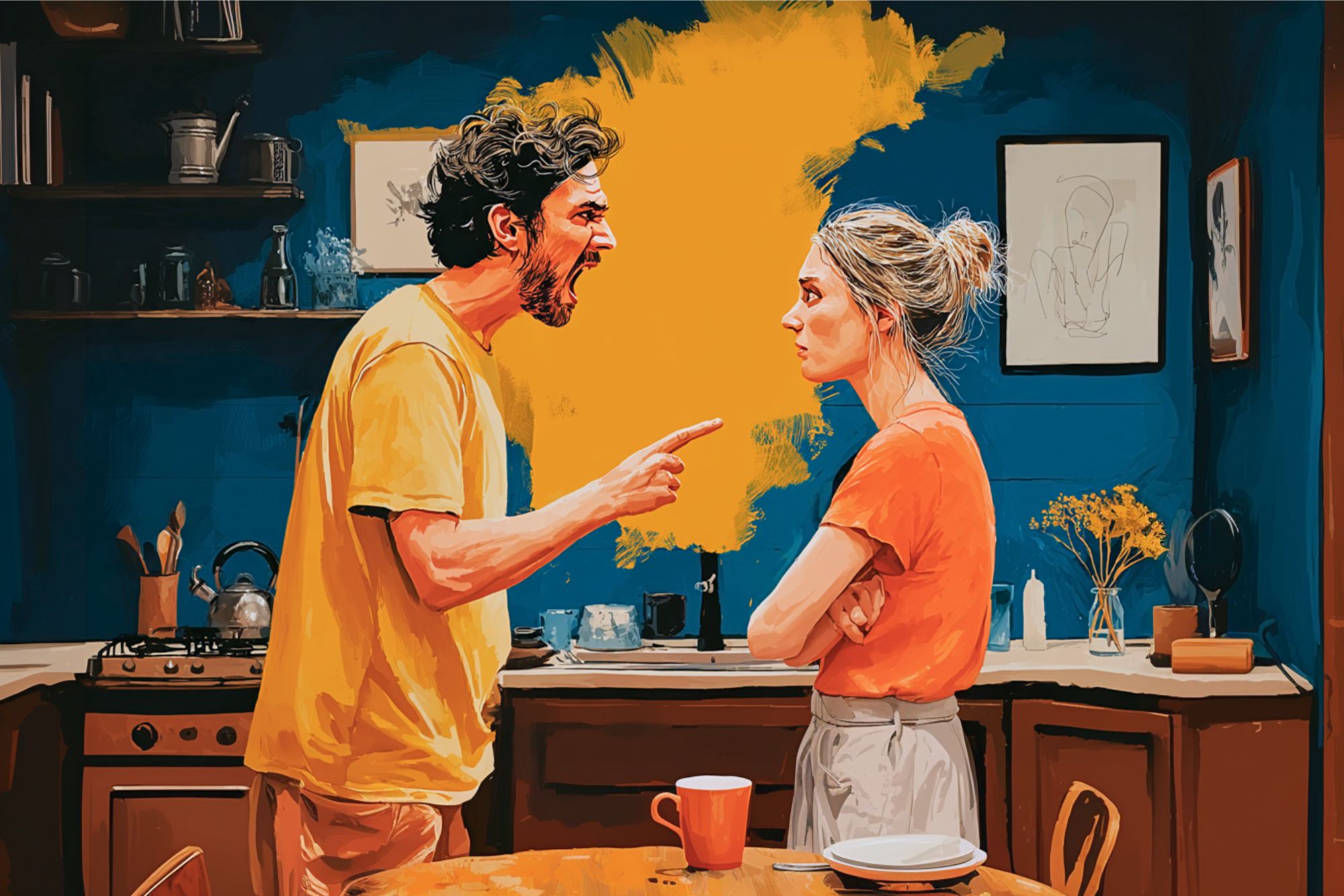 A man angrily yells and points at a woman with folded arms in a kitchen. The woman appears upset and distant. The background features dark blue walls with a yellow paint splash and kitchen items.