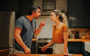 A man angrily points and yells at a surprised woman in a kitchen. Both stand near a wooden table with coffee cups, while dark cabinets and a stove are visible in the background.