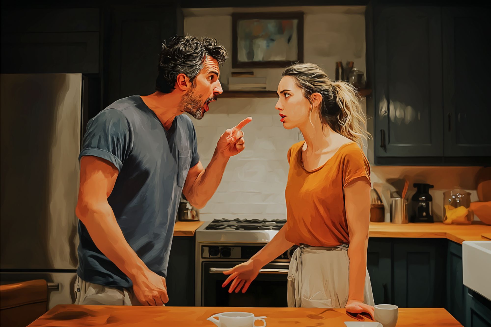 A man angrily points and yells at a surprised woman in a kitchen. Both stand near a wooden table with coffee cups, while dark cabinets and a stove are visible in the background.