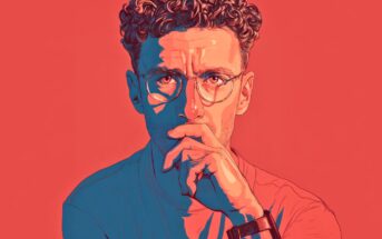 A stylized digital portrait of a man with curly hair and glasses, wearing a watch and resting his hand on his chin, set against a red background. The image uses strong blue and red tones for dramatic effect.