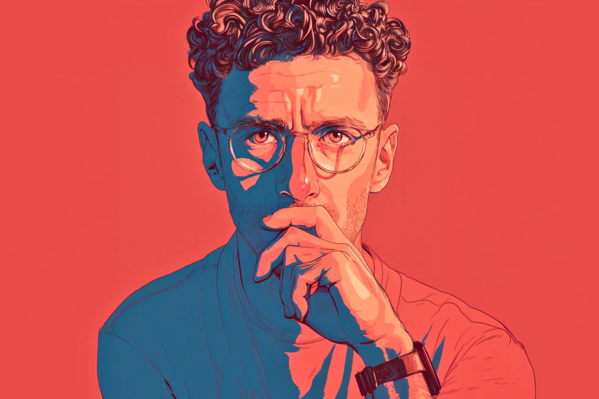 A stylized digital portrait of a man with curly hair and glasses, wearing a watch and resting his hand on his chin, set against a red background. The image uses strong blue and red tones for dramatic effect.