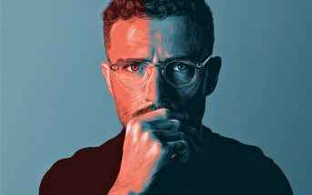 A stylized digital portrait of a man with glasses and a beard, holding his hand to his face. The image is split into two color tones, red on the left and blue on the right, with textured lines emphasizing his features.