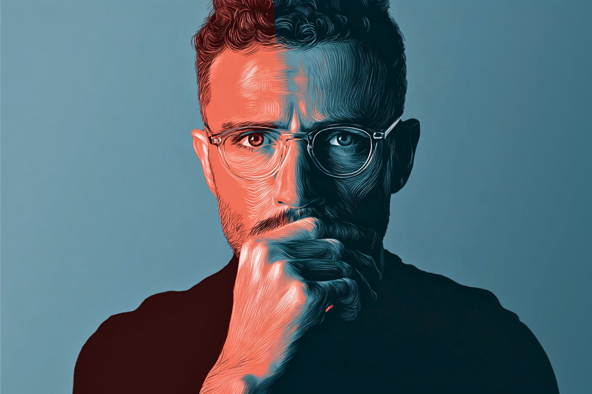 A stylized digital portrait of a man with glasses and a beard, holding his hand to his face. The image is split into two color tones, red on the left and blue on the right, with textured lines emphasizing his features.