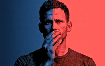 A man with a serious expression covers his mouth with one hand. The image uses a split color effect, with blue on the left and red on the right, creating a dramatic, artistic look.