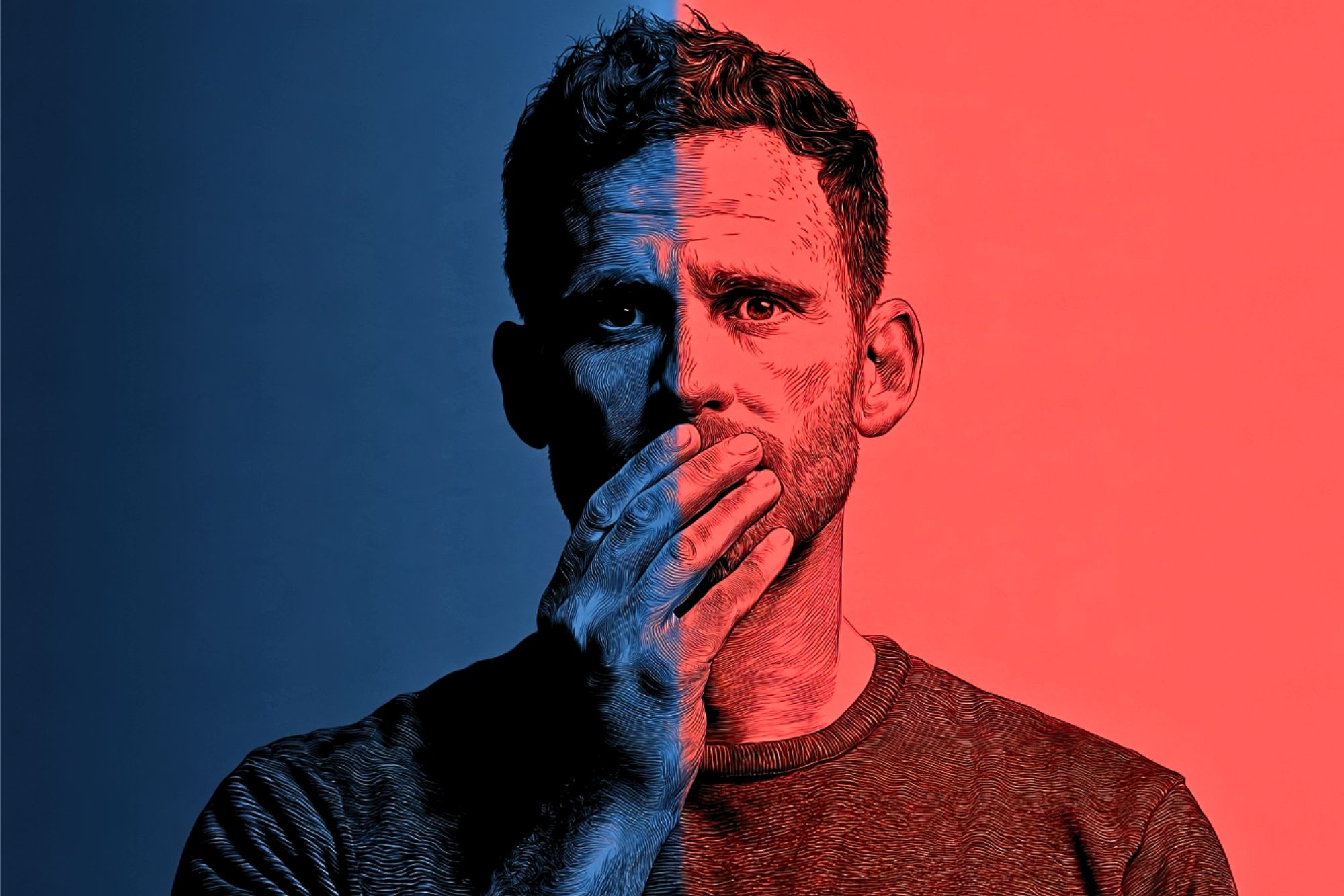 A man with a serious expression covers his mouth with one hand. The image uses a split color effect, with blue on the left and red on the right, creating a dramatic, artistic look.