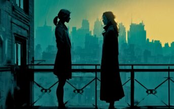 Two people stand facing each other on a balcony at dusk, silhouetted against a city skyline. Rain falls as the sky glows yellow-green, creating a moody, atmospheric scene.
