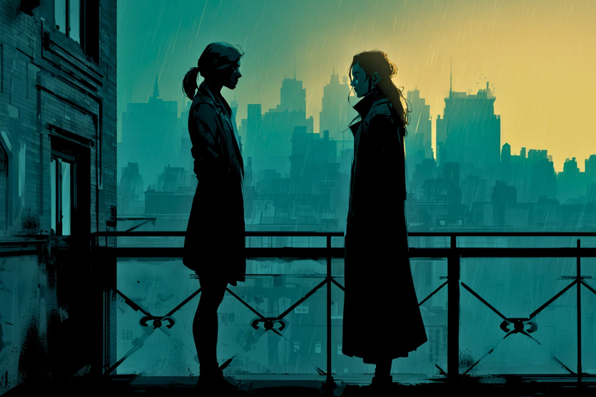 Two people stand facing each other on a balcony at dusk, silhouetted against a city skyline. Rain falls as the sky glows yellow-green, creating a moody, atmospheric scene.