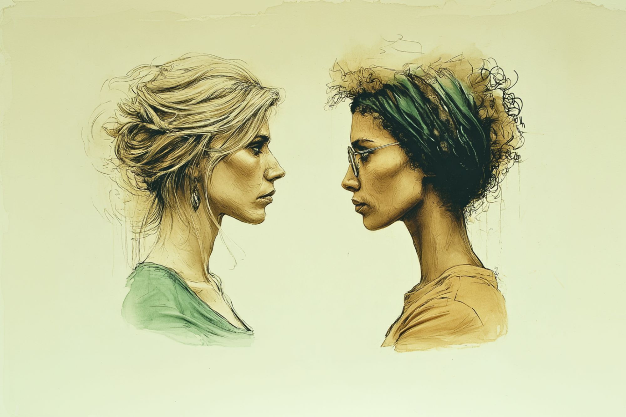 Sketch of two women in profile facing each other. One has blonde hair in an updo and a green top. The other has dark curly hair with a green headband and glasses, and a brown top.