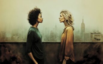 Two women stand face-to-face on a rooftop with a hazy city skyline in the background. One has curly dark hair and a green shirt; the other has wavy blonde hair and a tan shirt. The scene appears tense or serious.